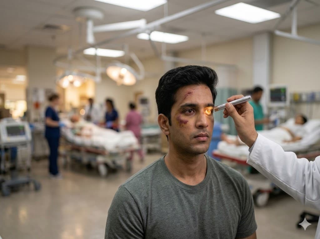 Doctor shining a penlight at a patient's eye during a traditional exam — subjective, undocumented