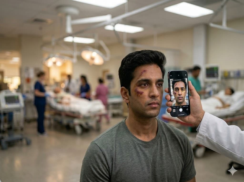 iPhone with PupiLUX app detecting both pupils with AI overlay — quantitative, documented, shareable